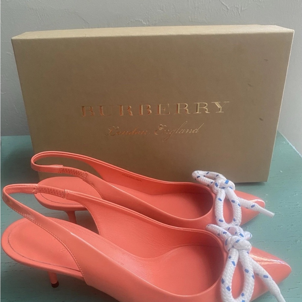 NIB Burberry Bow Fink Sling Back Pump Rope Pink Patent Leather Sz 37,5 Italy